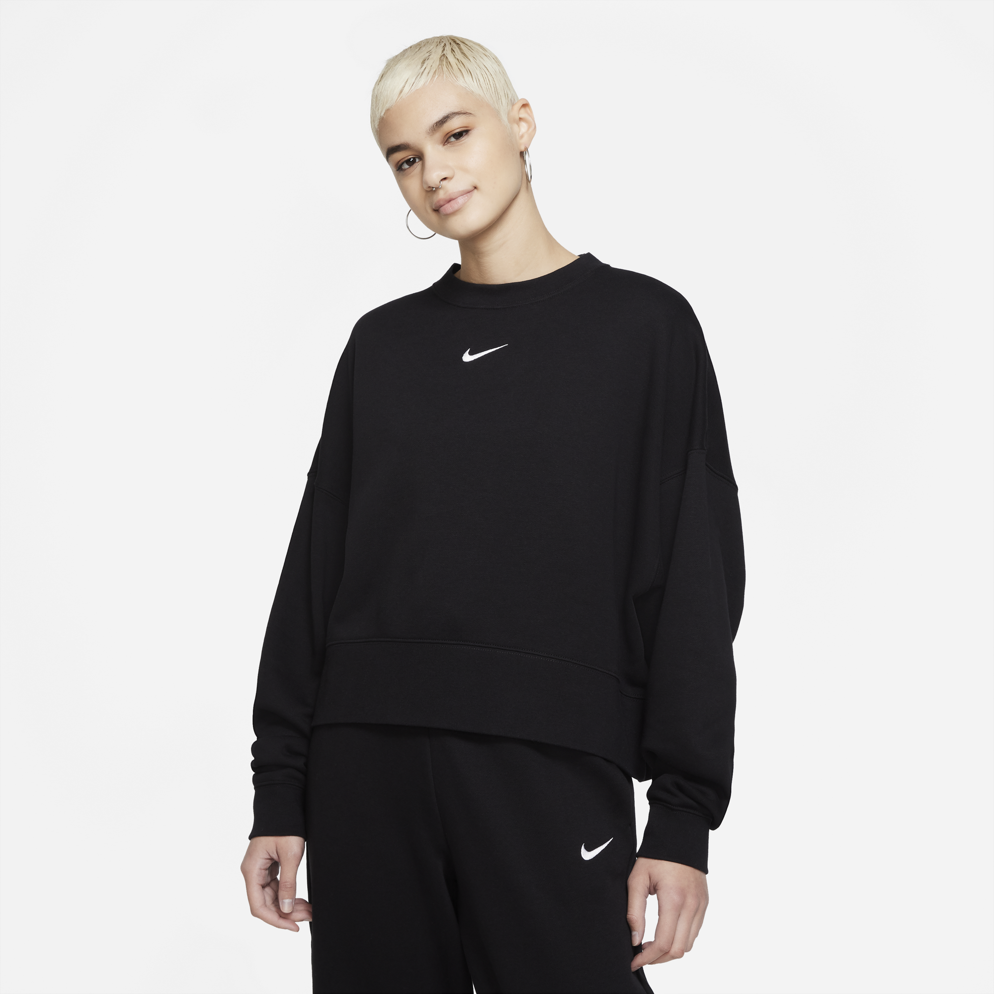 Oversized Fleece Crew Sweatshirt - Black/White