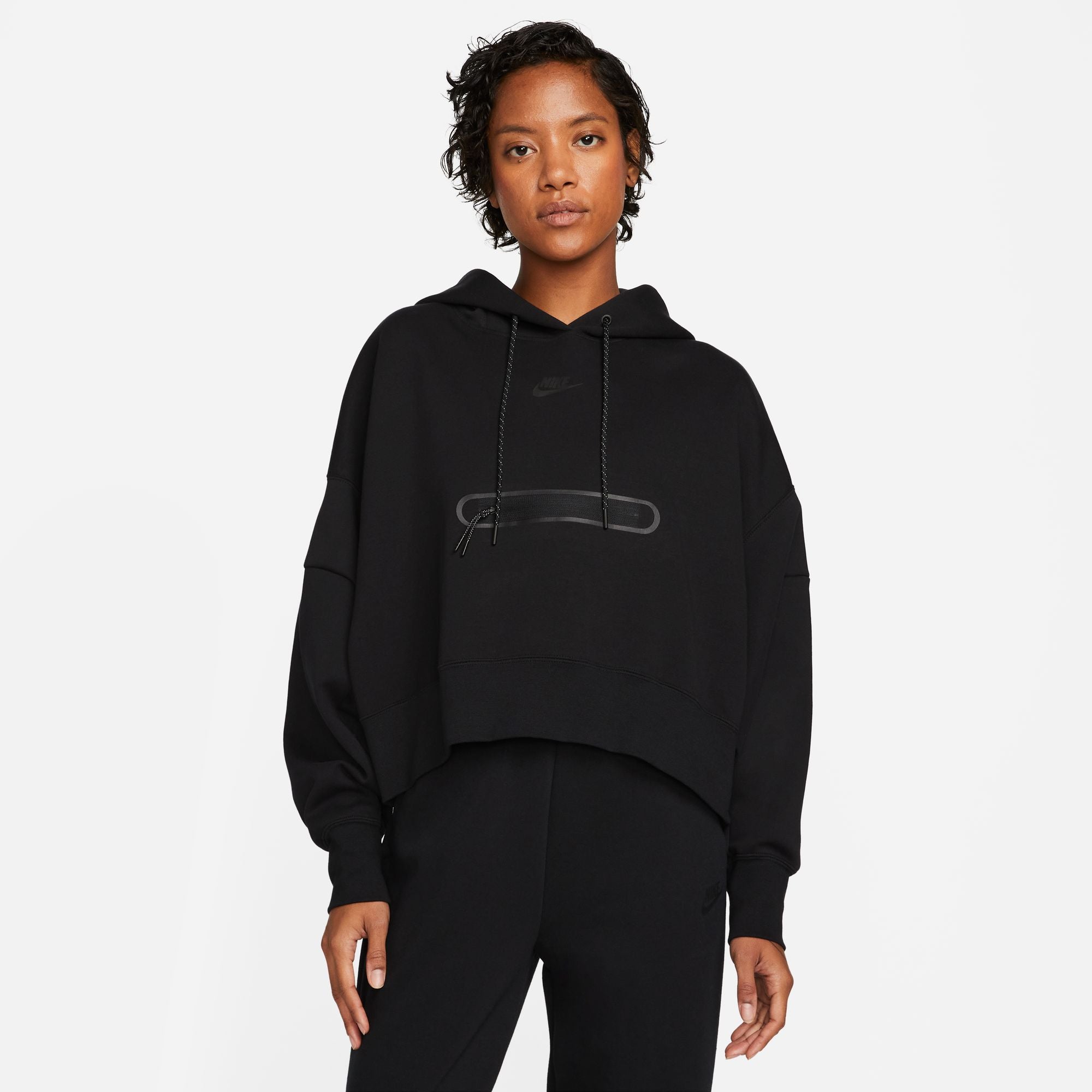 Oversized Tech Fleece Crop Pullover Hoodie - Black